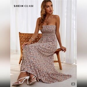 SHEIN Smocked Maxi Dress with Multicolor Flower Print